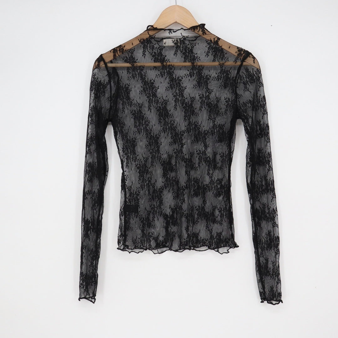 Envie Black Floral Lace Sheer Mock Neck Long Sleeve Top Lettuce Trim Large