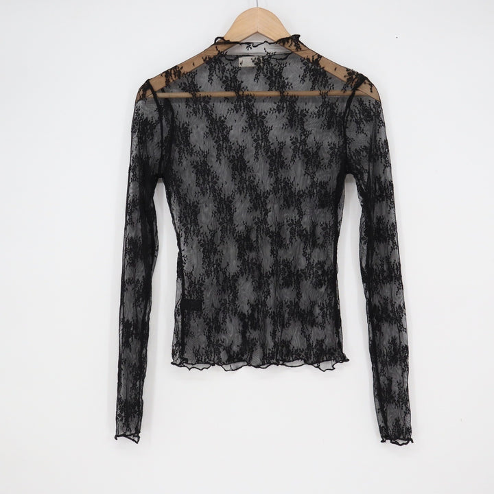 Envie Black Floral Lace Sheer Mock Neck Long Sleeve Top Lettuce Trim Large