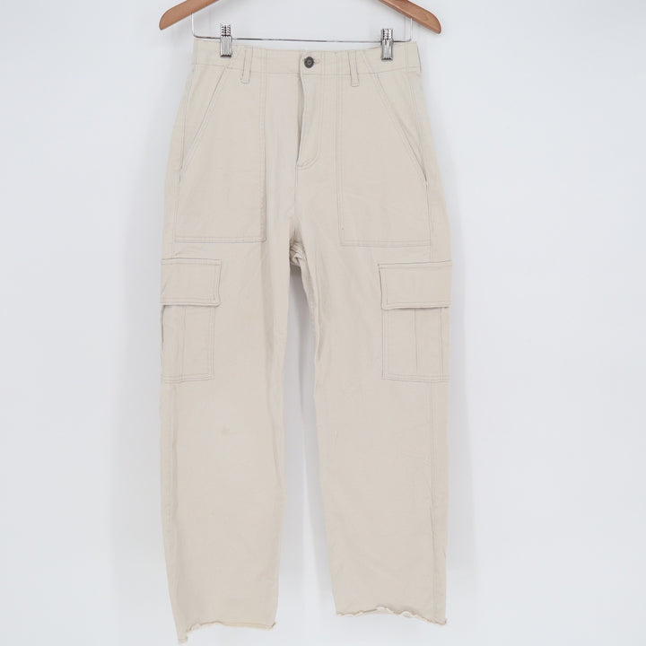 Hollister Ultra High-Rise Cargo Pants Cream Beige Straight Leg Raw Hem Medium
