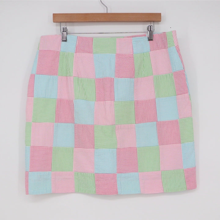 Talbots Pink Green Blue Pastel Patchwork Seersucker Cotton Mini Skirt Size 14