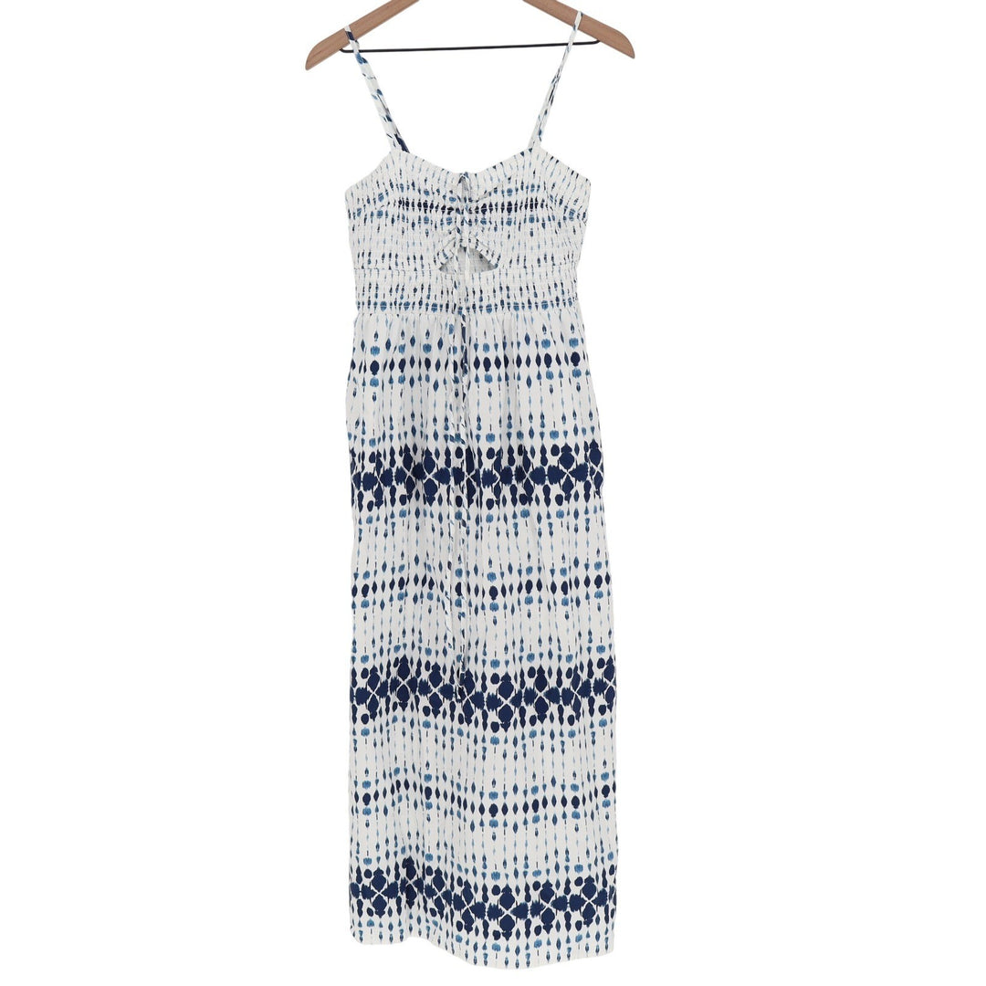 Universal Thread Blue White Ikat Smocked Maxi Dress Medium Cotton Boho Tie Front