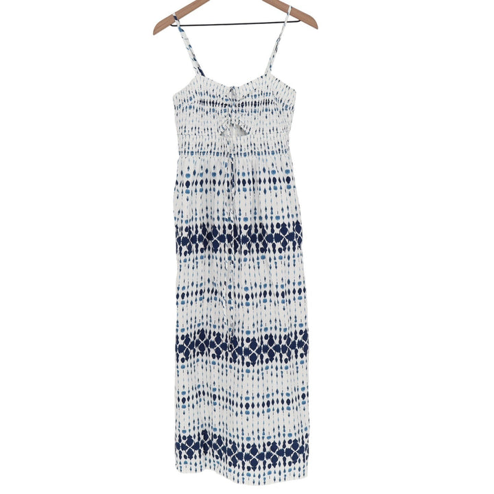 Universal Thread Blue White Ikat Smocked Maxi Dress Medium Cotton Boho Tie Front