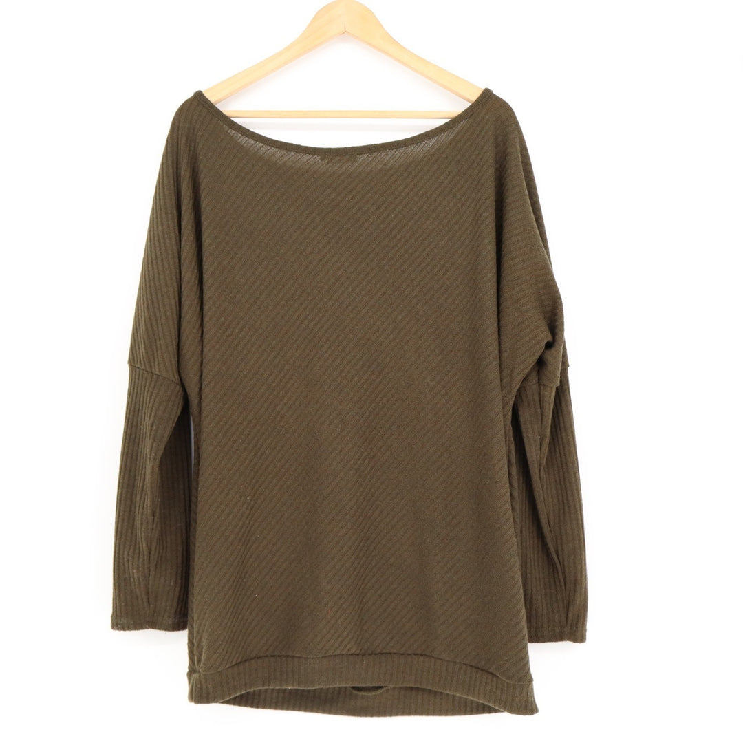 Qearal Sweater Womens XL Olive Green Stretch Ribbed Knit Drop Shoulder Pullover
