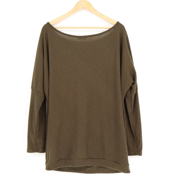 Qearal Sweater Womens XL Olive Green Stretch Ribbed Knit Drop Shoulder Pullover