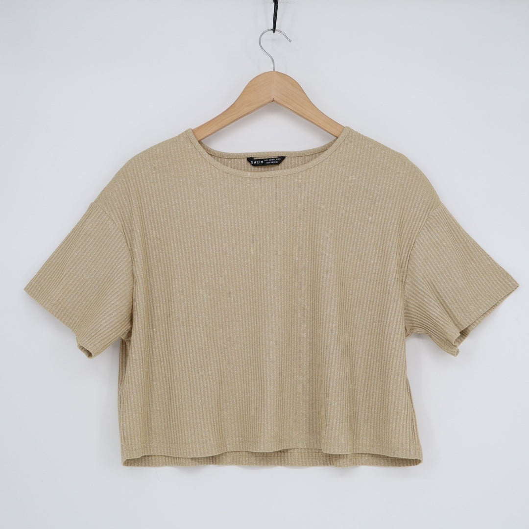 Shein EZwear Crop Top Womens Large Beige Ribbed Knit Round Neck Short Sleeve