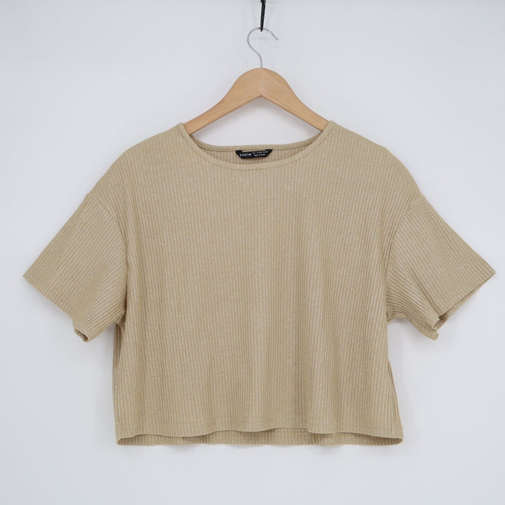 Shein EZwear Crop Top Womens Large Beige Ribbed Knit Round Neck Short Sleeve
