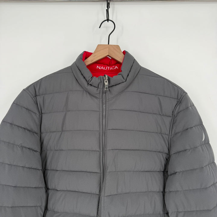 Nautica Puffer Jacket Gray Red Lined Full Zip Lightweight Mens Size L