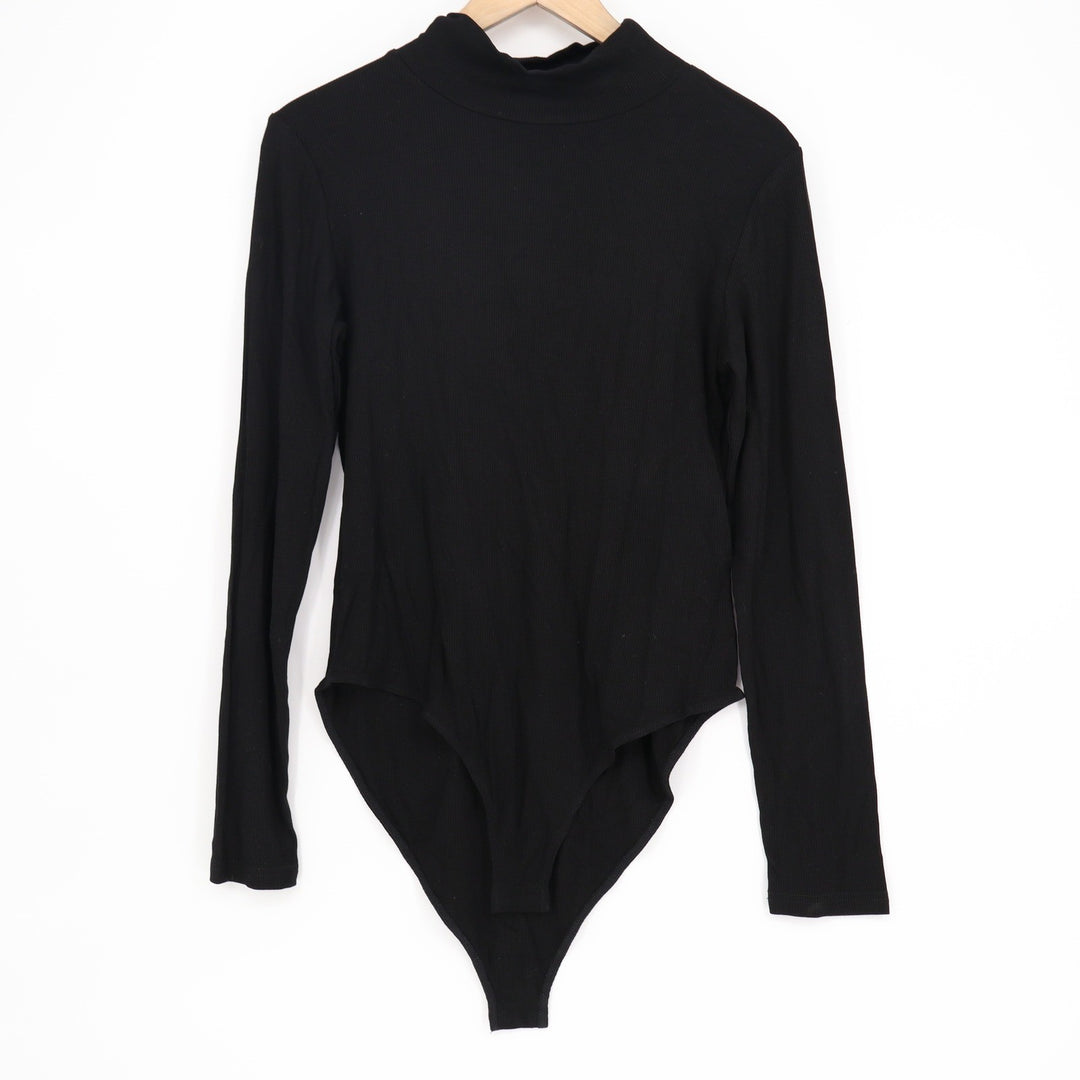 Mangopop Black Ribbed Mock Neck Long Sleeve Bodysuit Size L KLB 261