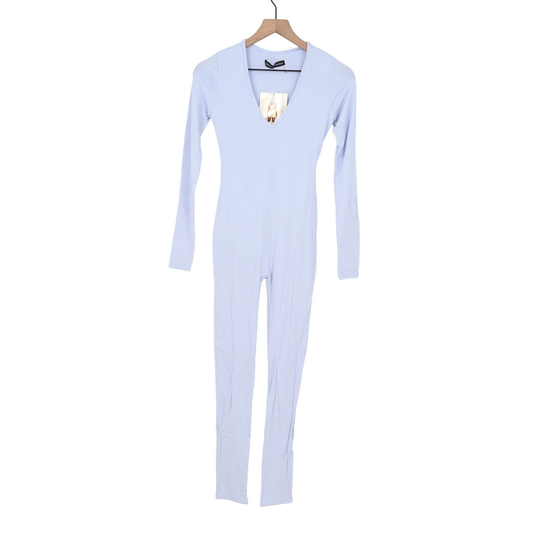 Naked Wardrobe Womens Long Sleeve V-Neck Jumpsuit Periwinkle Blue Size S