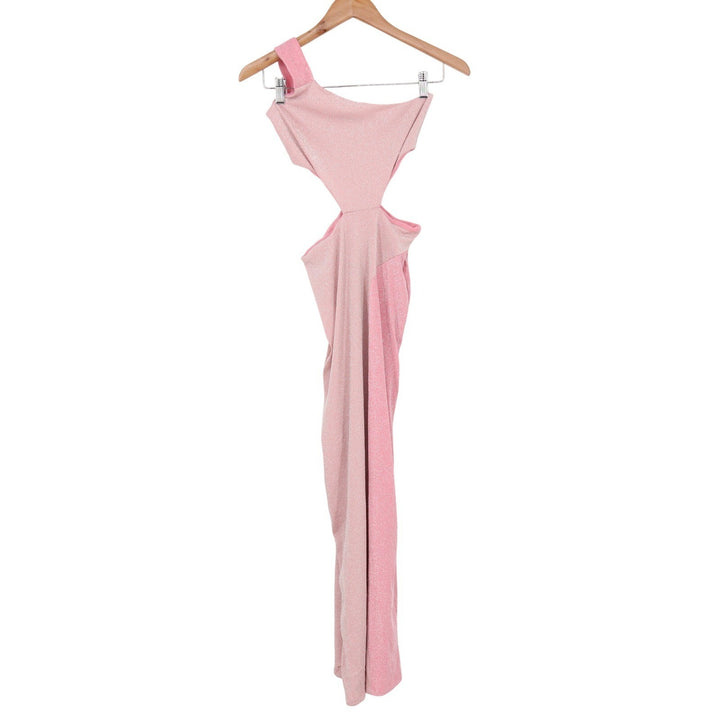 Naked Wardrobe Pink Metallic One Shoulder Cut Out Maxi Dress Small