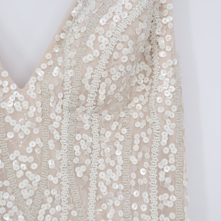 DB Studio Womens Sequin Beaded V-Neck Gown Ivory Nude Size 8
