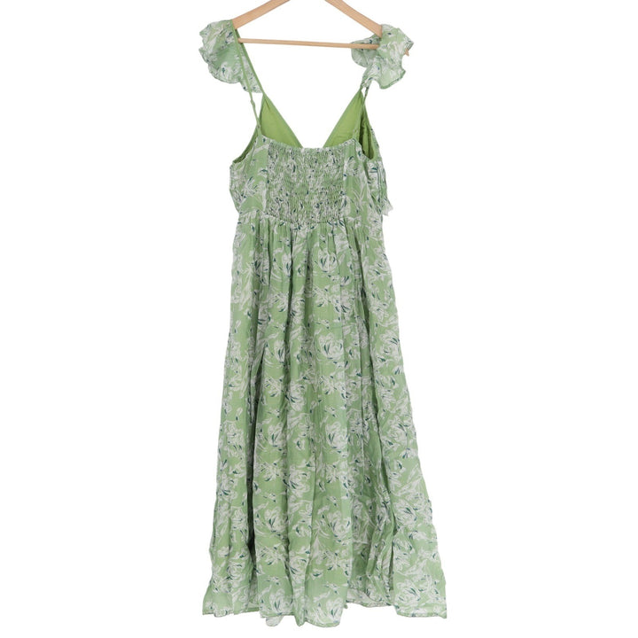En Saison Green Floral Ruffle Strap Smocked Midi Dress Large