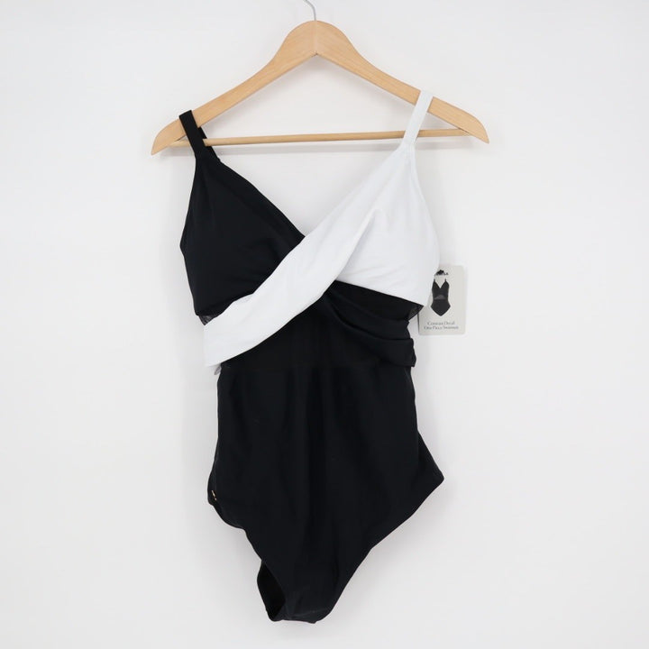Leonisa Black White One Piece Swimsuit Ruched Tummy Control Size XL