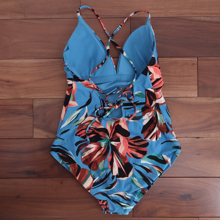 Calia Womens 12 Triangle Strappy Back One Piece Swimsuit Tranquil Blue Floral