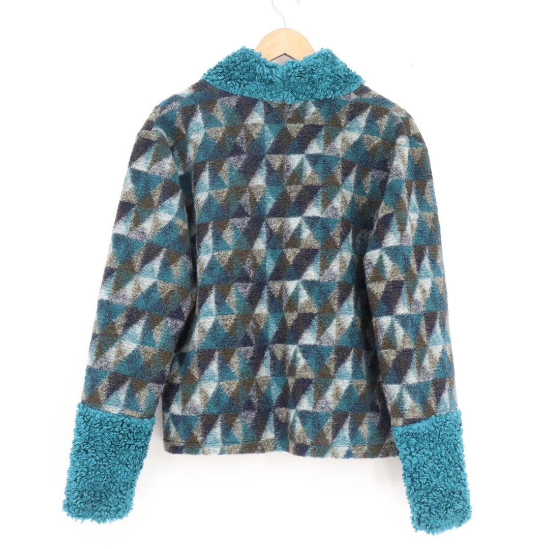 TLB Design Womens Mohair Wool Blend Geometric Jacket Teal Sherpa Trim Large L