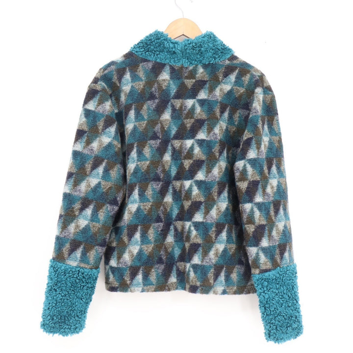 TLB Design Womens Mohair Wool Blend Geometric Jacket Teal Sherpa Trim Large L