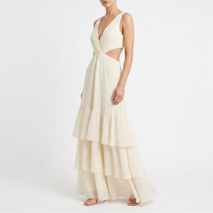Fame and Partners David's Bridal Cream Georgette Cutout Maxi Dress 8