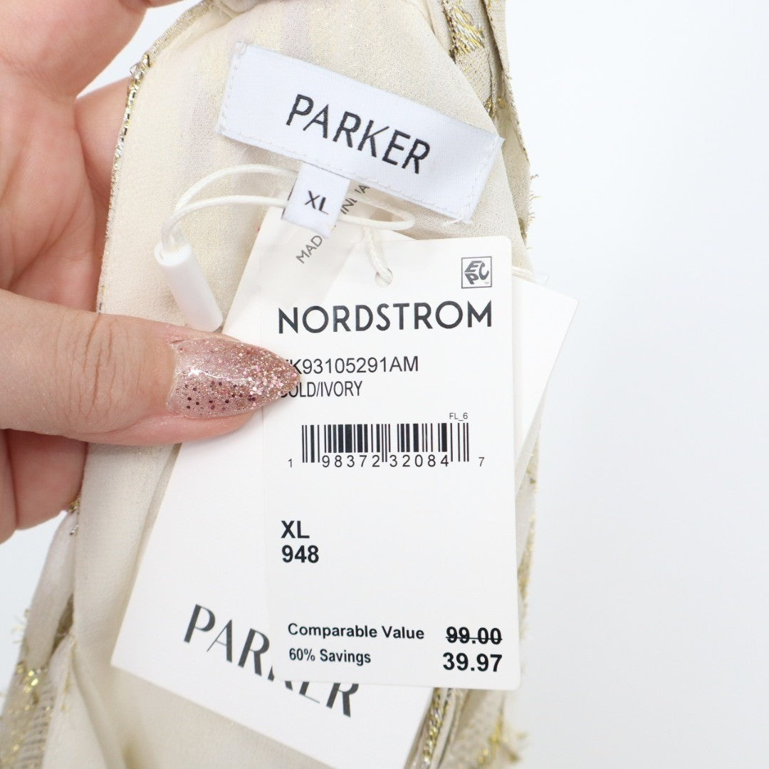 Parker The Piper Top Womens XL Gold Ivory Keyhole Cutout Mock Neck Smocked Hem