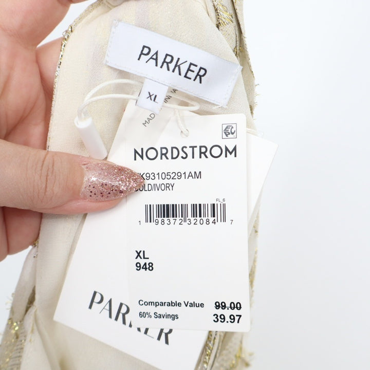 Parker The Piper Top Womens XL Gold Ivory Keyhole Cutout Mock Neck Smocked Hem