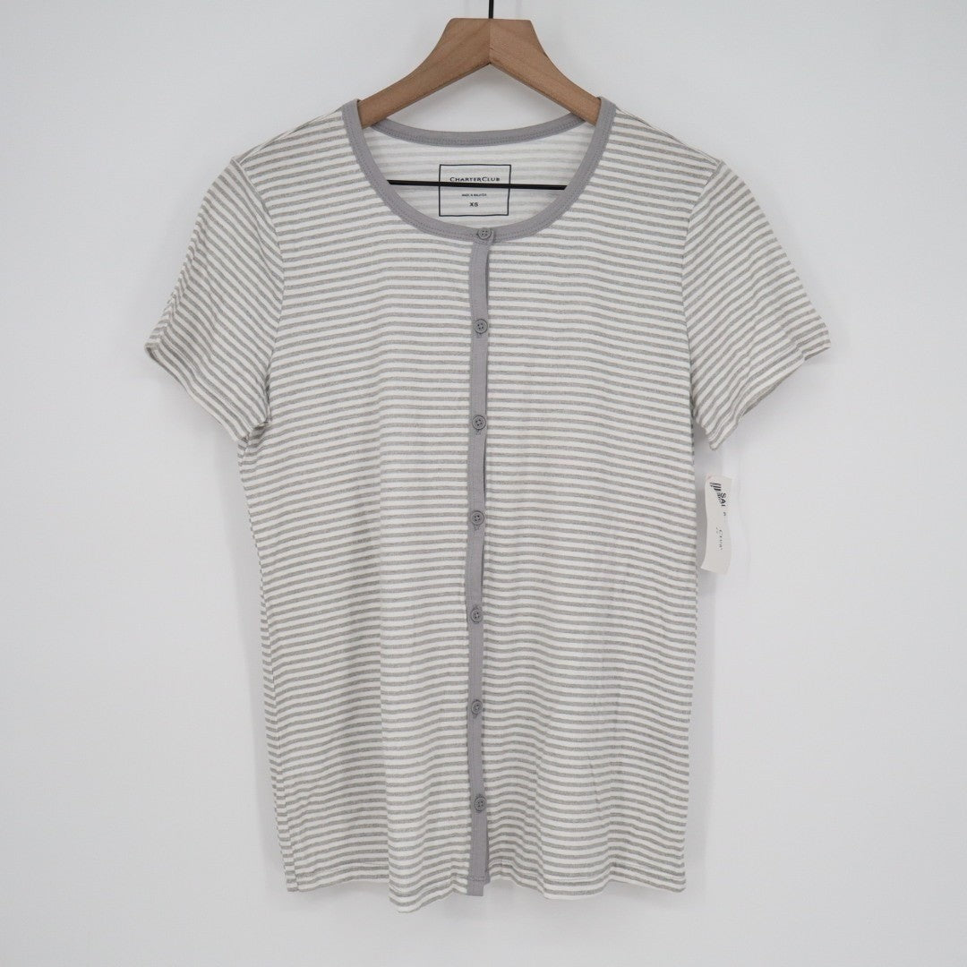 Charter Club Intimates Pajama Shirt Womens XS Gray White Striped Button Front