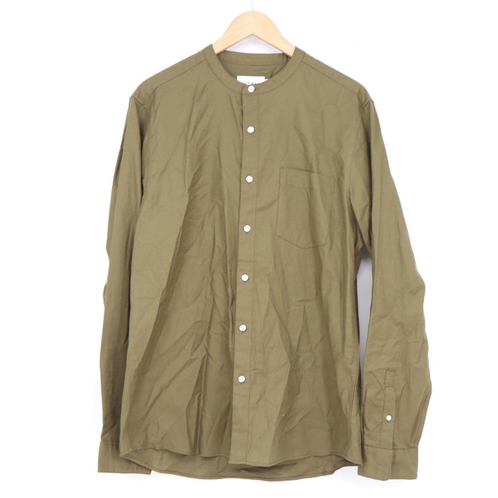 Topman Mens Grandad Collar Button Down Shirt Khaki Green Long Sleeve Large NEW