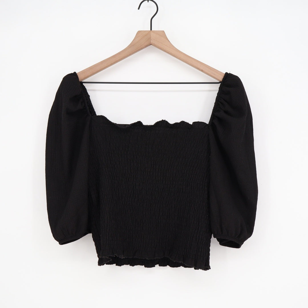 H&M Black Smocked Puff Sleeve Square Neck Cropped Top Size M