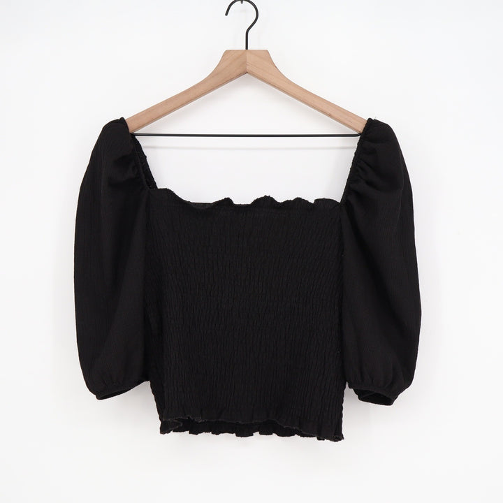 H&M Black Smocked Puff Sleeve Square Neck Cropped Top Size M