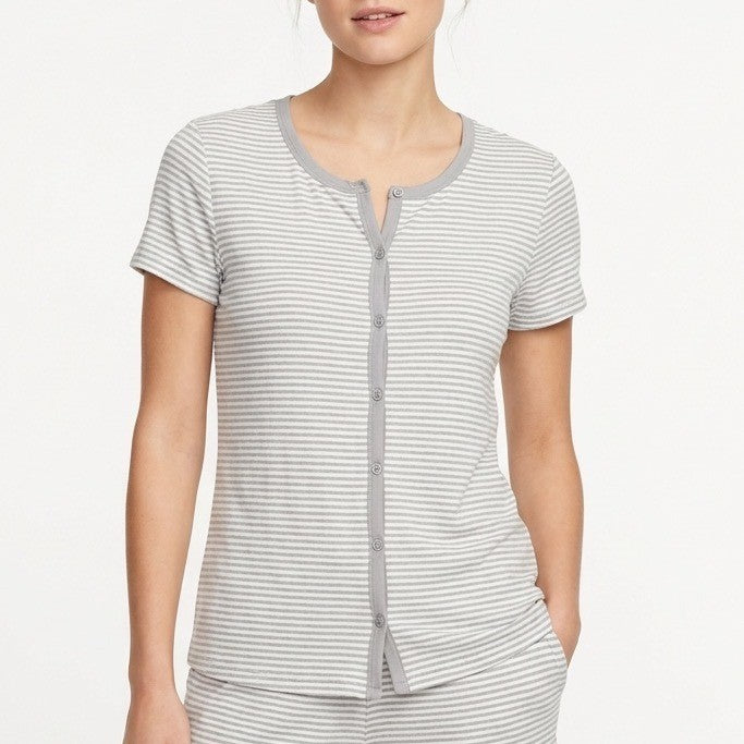 Charter Club Intimates Pajama Shirt Womens XS Gray White Striped Button Front