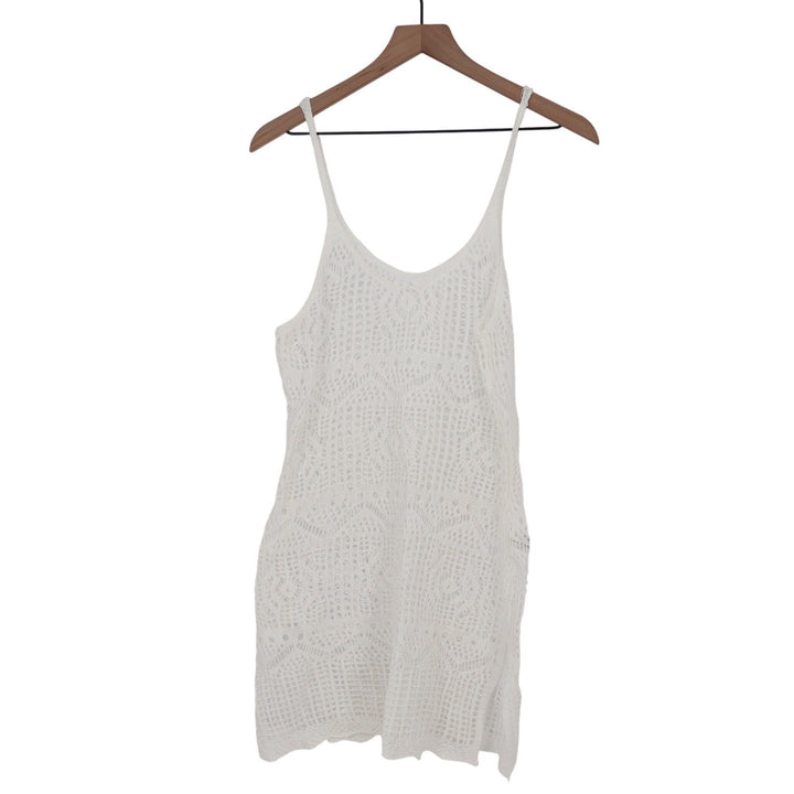 White Crochet Knit Beach Cover Up Dress Spaghetti Strap Mini V-Neck Large
