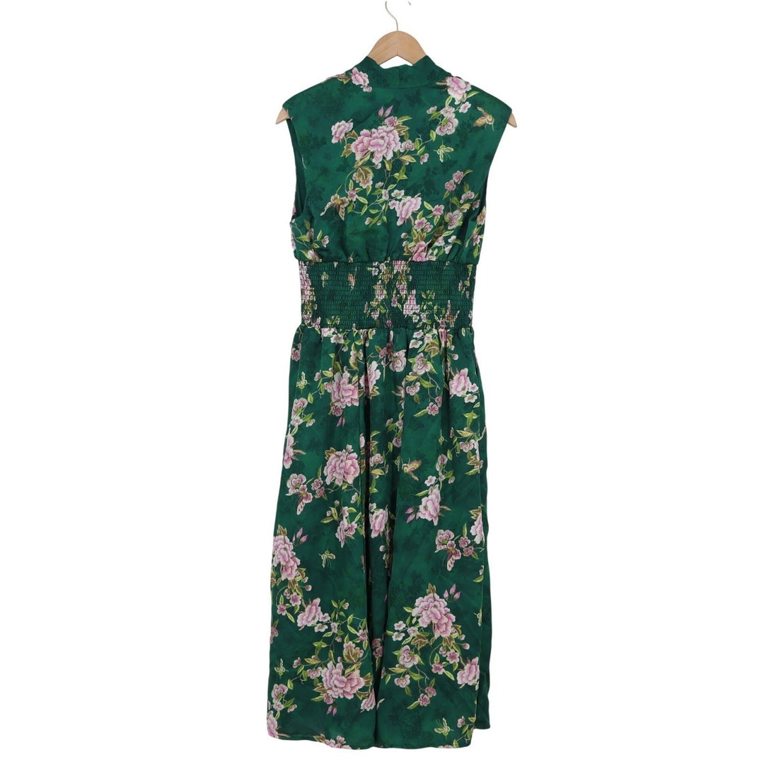 Fate Green Floral Butterfly Print Smocked Waist Zip Front Maxi Dress Small