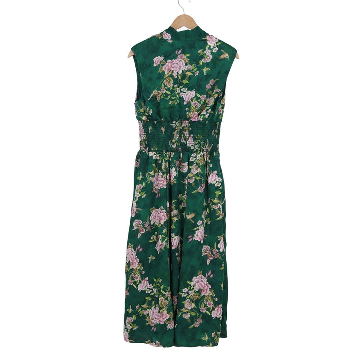 Fate Green Floral Butterfly Print Smocked Waist Zip Front Maxi Dress Small