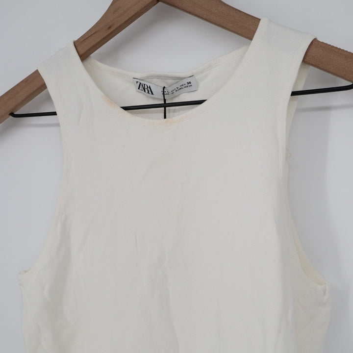 Zara Crop Tank Top Womens Large Off White Knit Wide Strap Scoop Neck Pullover