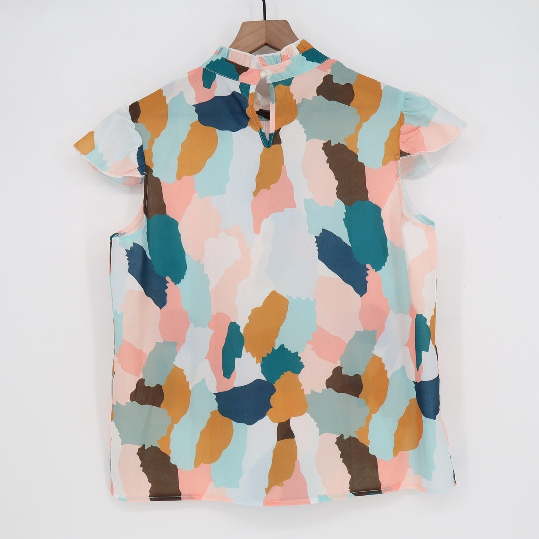 SHEIN Multicolor Abstract Print Mock Neck Flutter Sleeve Blouse Large