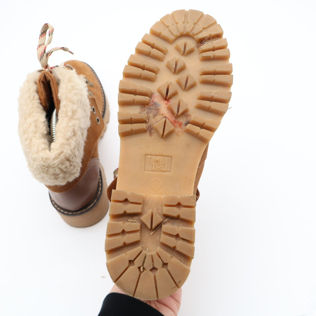 Time And Tru Womens US 8.5 Brown Leather Faux Fur Collar Ankle Cozy Hiking Boots