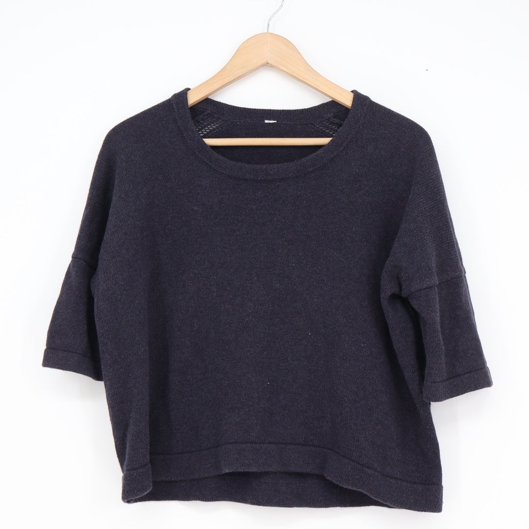Lululemon Navy Blue Short Sleeve Boxy Knit Sweater Pointelle Back Detail Womens