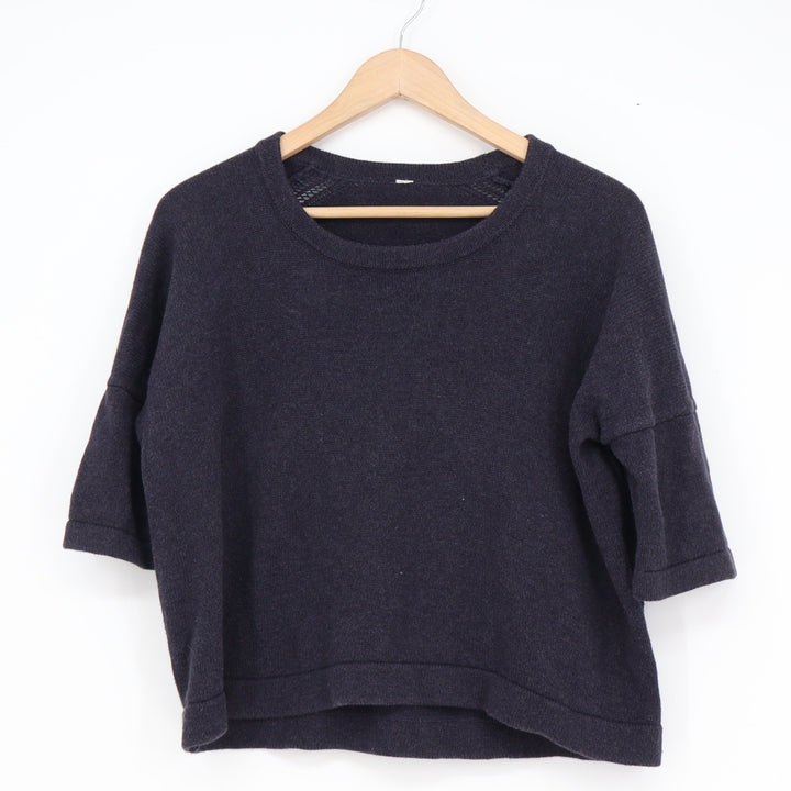 Lululemon Navy Blue Short Sleeve Boxy Knit Sweater Pointelle Back Detail Womens