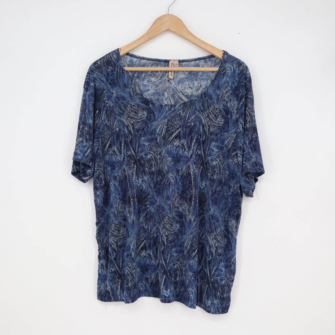Susan Lawrence Woman Blue Paisley Scoop Neck Short Sleeve Top Plus Size 1X