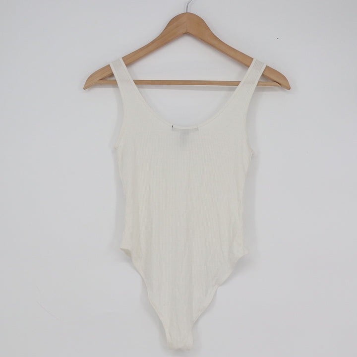 Forever 21 Womens Medium Ribbed Knit Scoop Neck Sleeveless Bodysuit Cream White