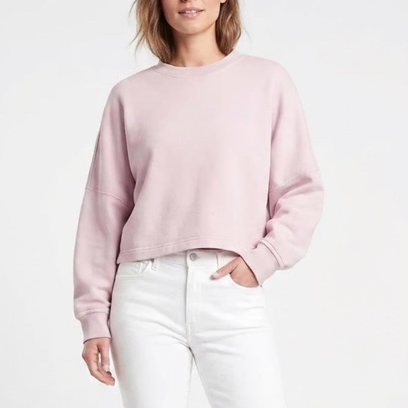 Athleta Sweatshirt Womens Medium Pink Cotton Stretch Ribbed Crew Neck Pullover