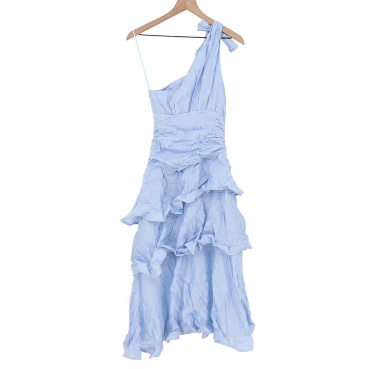 Showpo Eugenia Midi Dress One Shoulder Ruffle Tiered Pale Blue Size 4