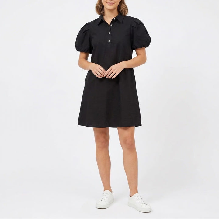 MSK Womens Black 100% Cotton Puff Sleeve Collared Shift Mini Dress Large