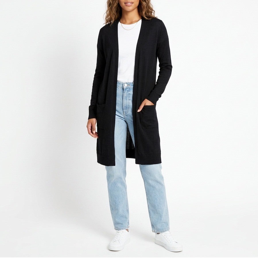 Merona Longline Cardigan Sweater Womens M Black Long Sleeve Pockets Open Front
