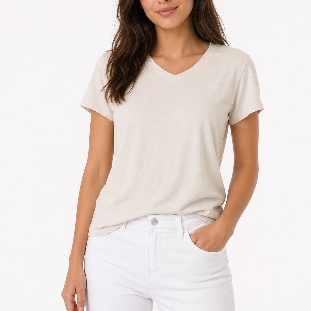 New York & Company Womens Cream Cotton Spandex V-Neck Short Sleeve Tee Shirt L