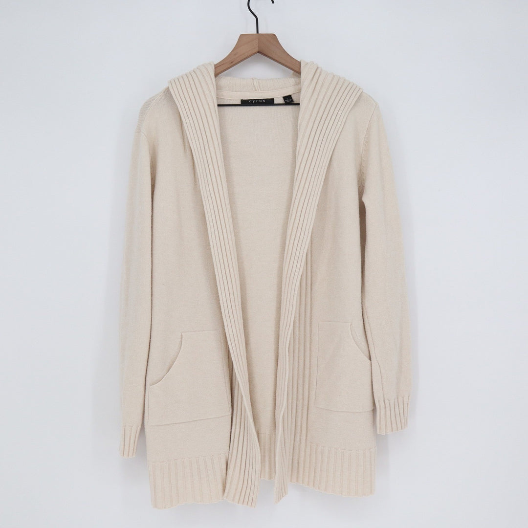 Cyrus Women Cream Open Front Hooded Cardigan Sweater Pockets Large