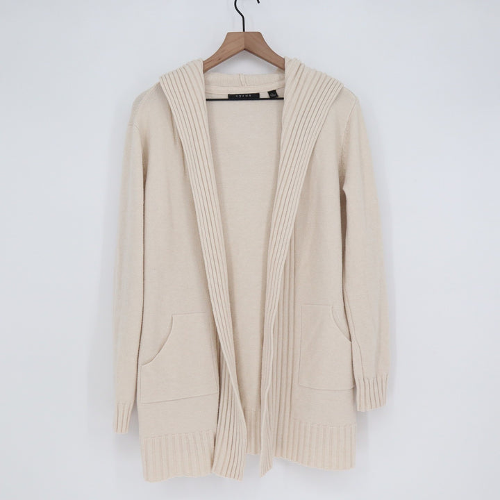 Cyrus Women Cream Open Front Hooded Cardigan Sweater Pockets Large