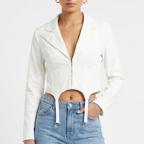 Naked Wardrobe The Statement Ivory Cropped Garter Blazer Small Womens