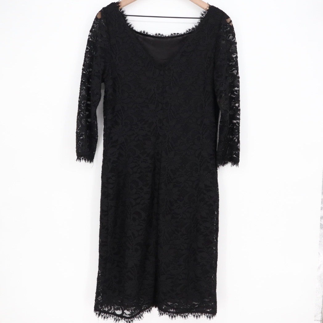 ONYX Nite Black Lace Sheath Dress 3/4 Sleeve Made in USA Size 12