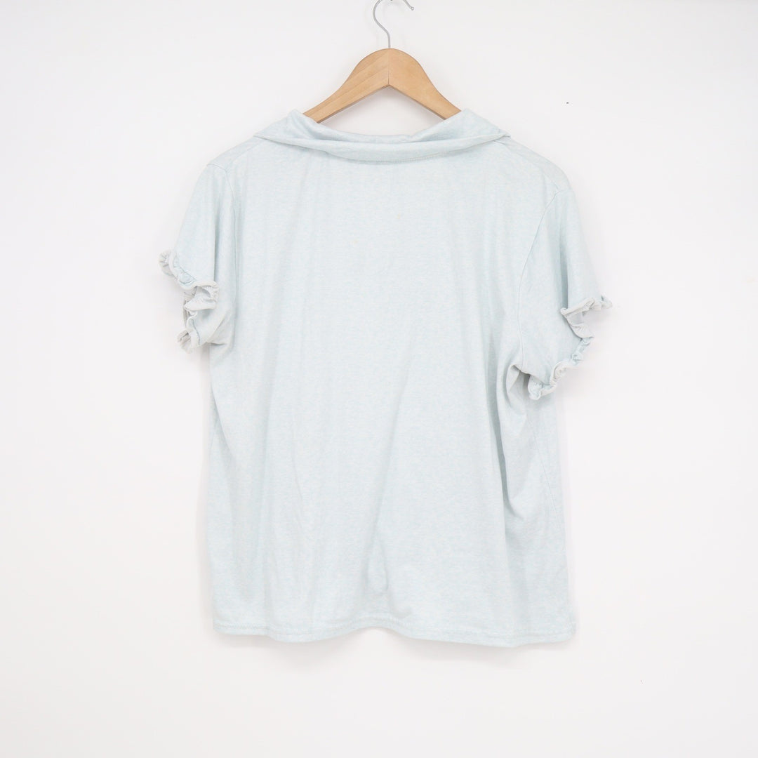 Thalia Sodi Womens Light Blue Heathered Ruffle Sleeve Button Front Top Large