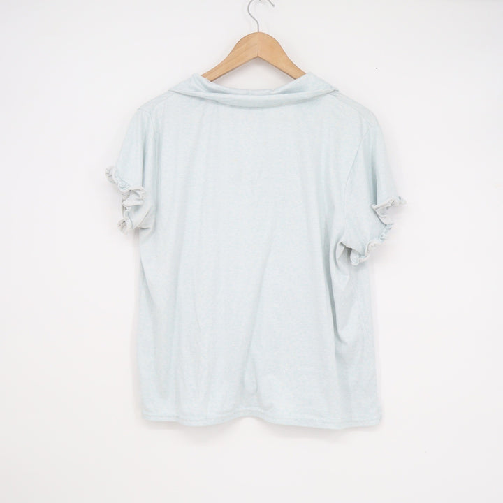 Thalia Sodi Womens Light Blue Heathered Ruffle Sleeve Button Front Top Large