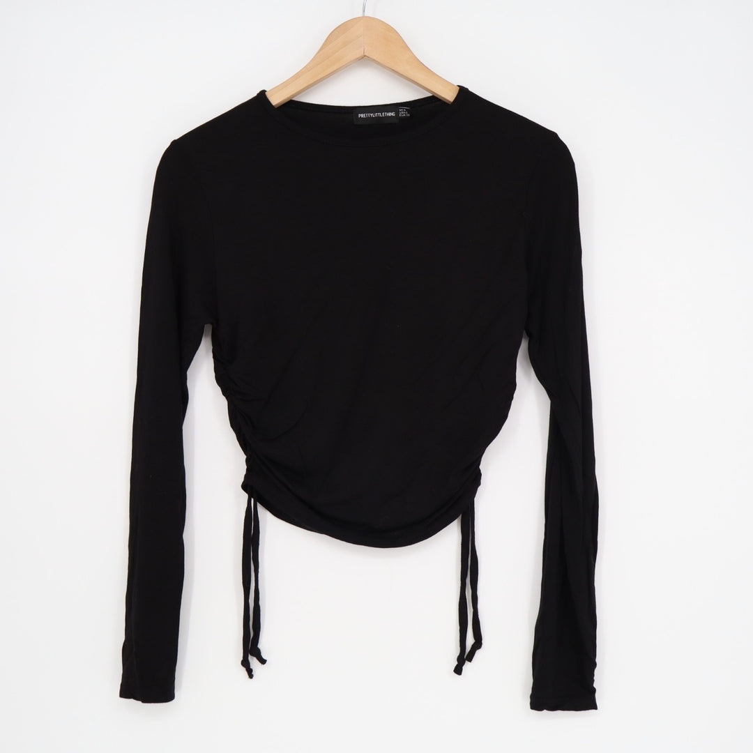 Prettylittlething Cropped Top Womens 6 Black Ruched Side Crew Neck Long Sleeve